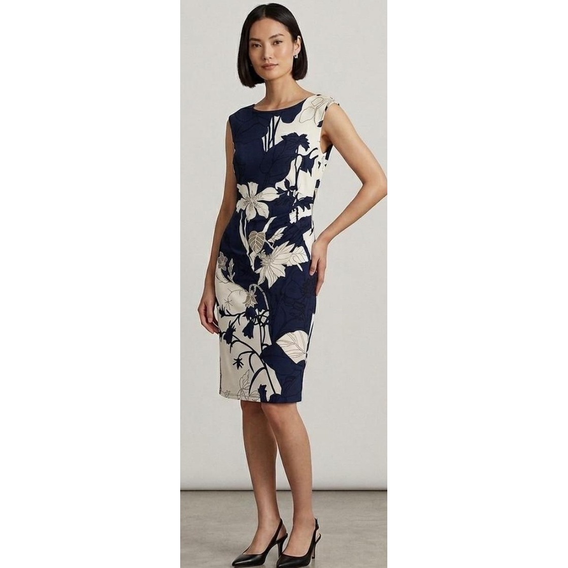 Lauren Ralph Lauren Blue White Floral Ruched Sheath Dress Cocktail Resort 10 New
